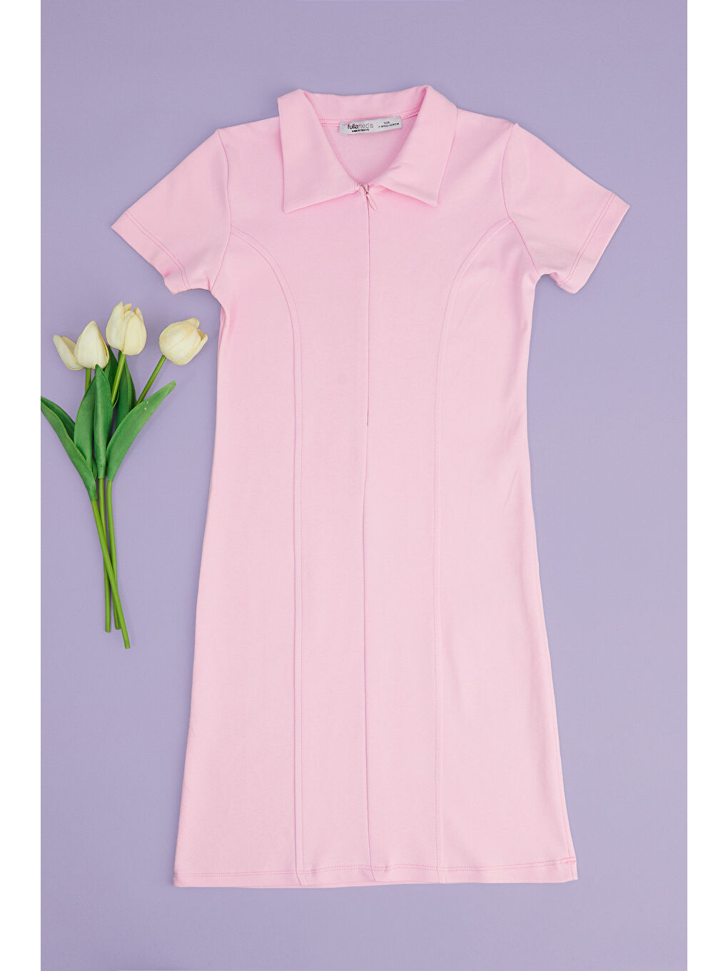 Pembe Basic Yarım Fermuarlı Polo Yaka Kız Çocuk Elbise