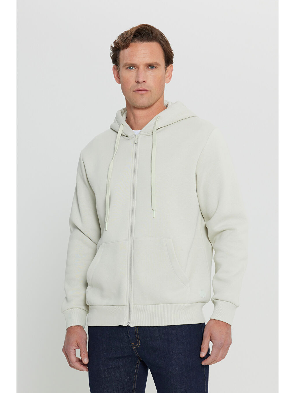 Erkek Bej Standart Fit Normal Kesim Kapüşonlu Fermuarlı Sweatshirt-3