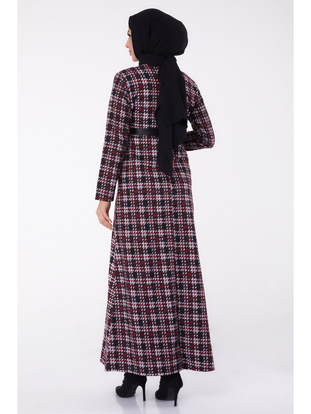 Kazayağı Desenli Kuşaklı Elbise Bordo - 27756-BORDO-1