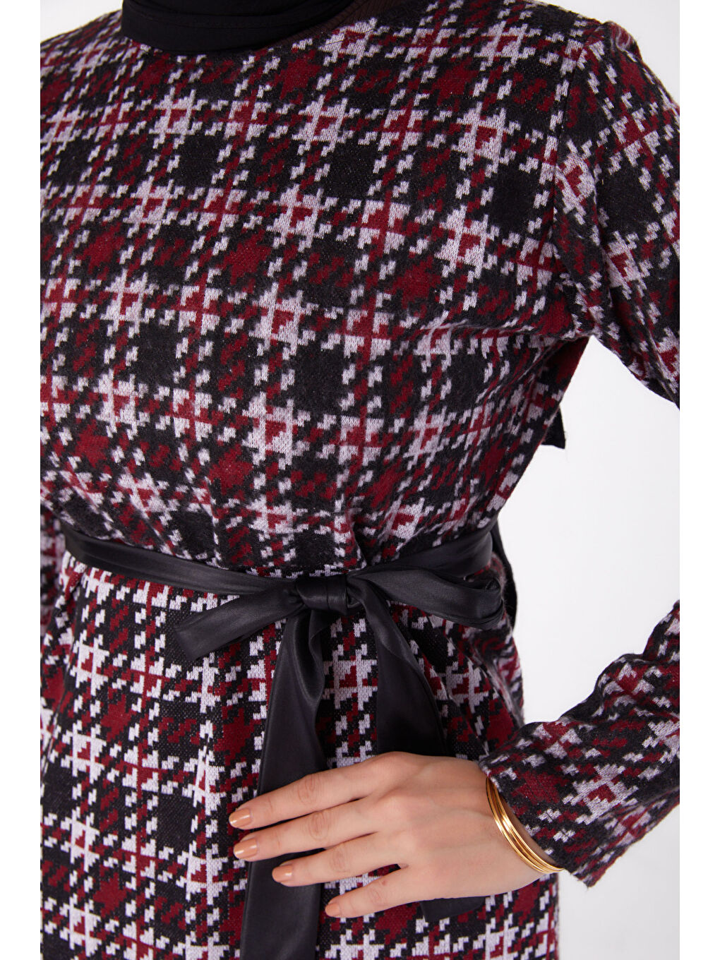 Kazayağı Desenli Kuşaklı Elbise Bordo - 27756-BORDO-2