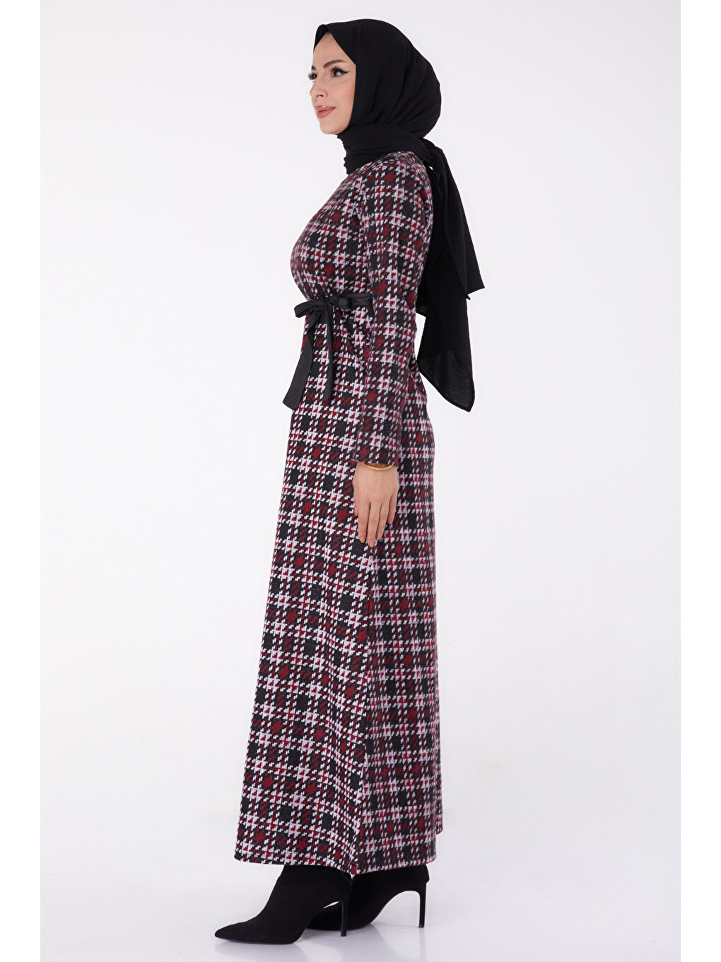 Kazayağı Desenli Kuşaklı Elbise Bordo - 27756-BORDO-3