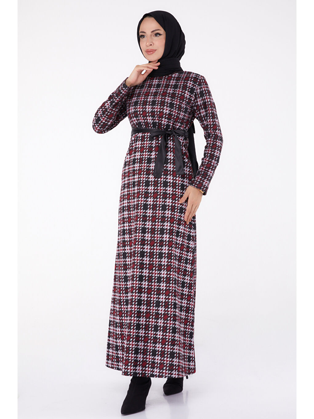 Kazayağı Desenli Kuşaklı Elbise Bordo - 27756-BORDO-4