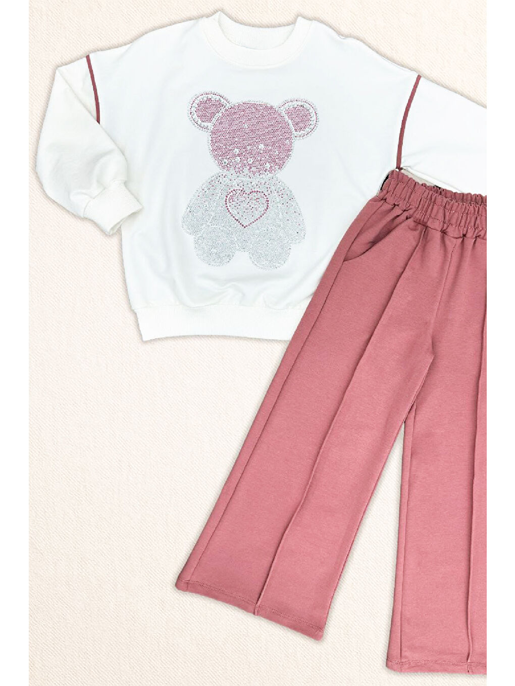 Pembe Kız Çocuk Taş İşlemeli Ayıcık ve Kalp Baskılı 2 İplik Alt-Üst Takım 3-12 Yaş 12477-1
