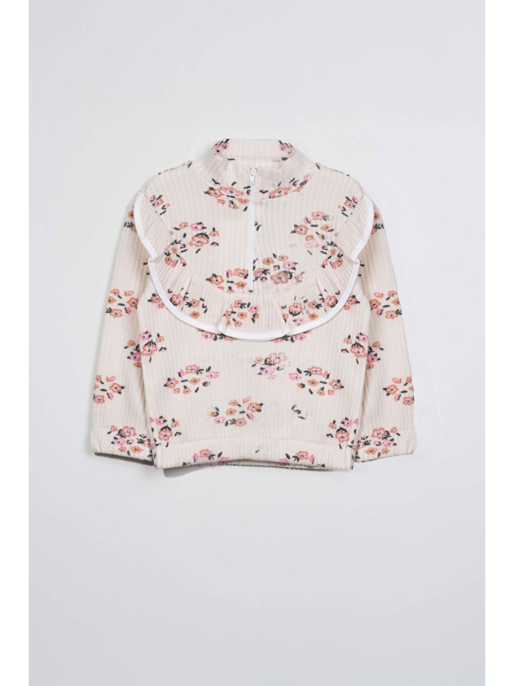 Beyaz Kız Çocuk Fırfırlı Ve Fermuarlı Bluz - Çiçek Desenli (2-3 Yaş 8-9 Yaş)