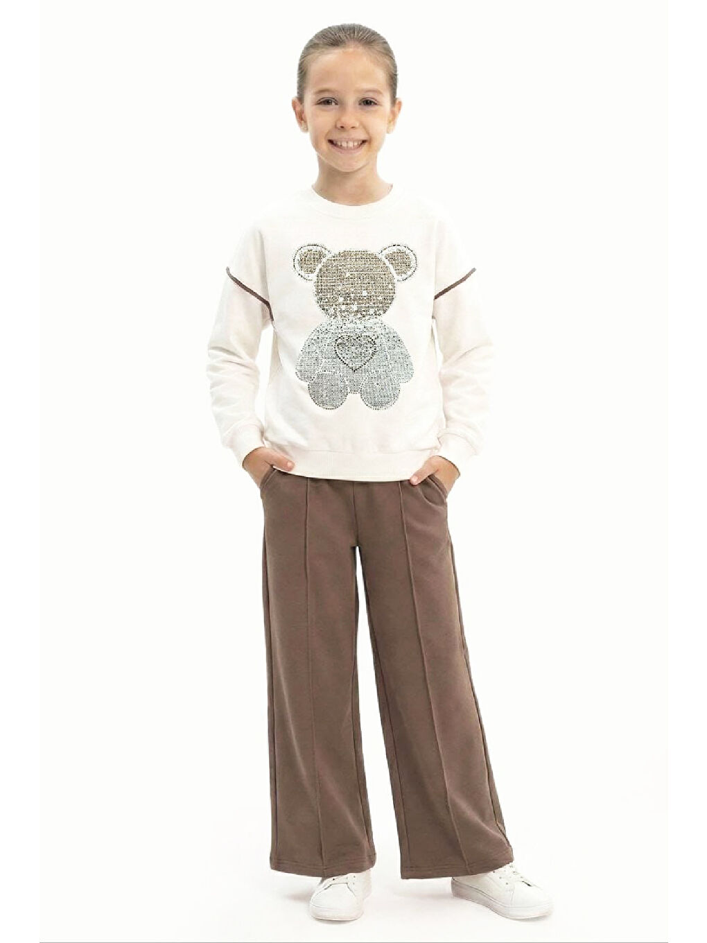 Kahverengi Kız Çocuk Taş İşlemeli Ayıcık ve Kalp Baskılı 2 İplik Alt-Üst Takım 3-12 Yaş 12477