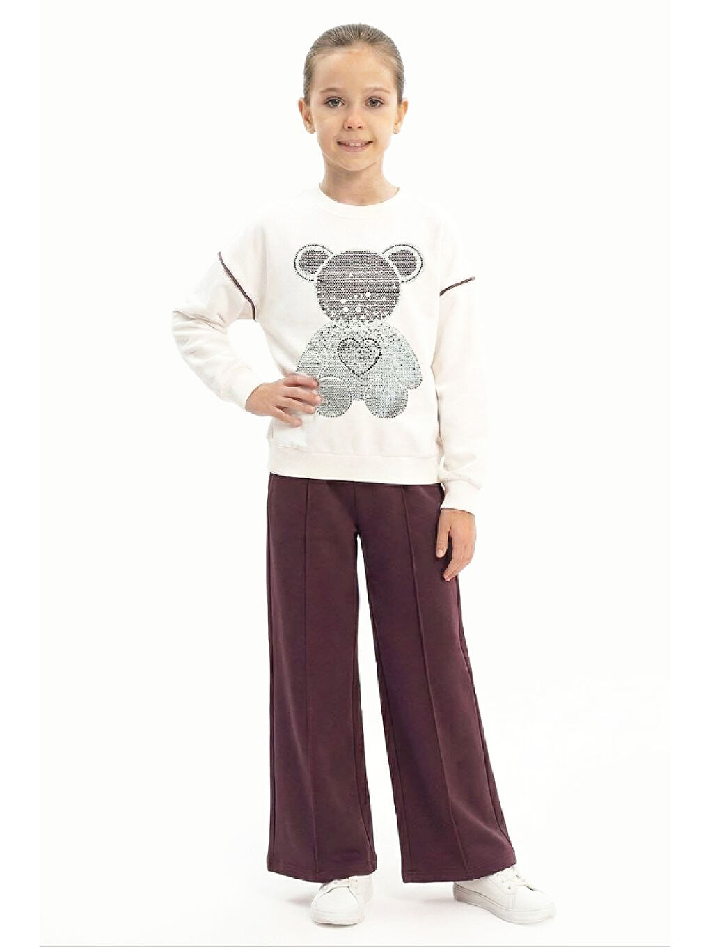 Mürdüm Kız Çocuk Taş İşlemeli Ayıcık ve Kalp Baskılı 2 İplik Alt-Üst Takım 3-12 Yaş 12477