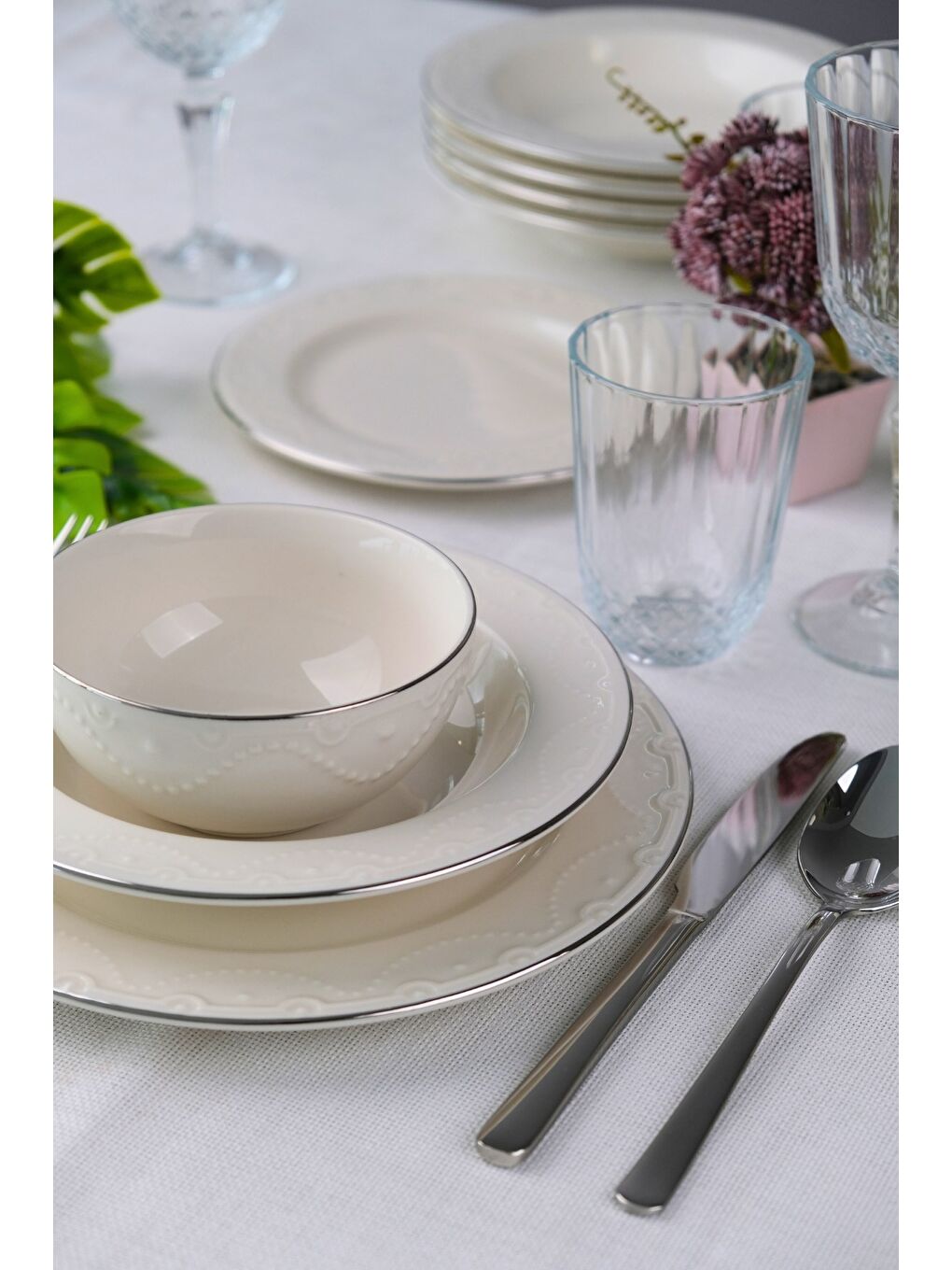 Ekru Zincir Platin Yaldız Yemek Takımı 6 Kişilik 24 Parça ZNC24YKPLT