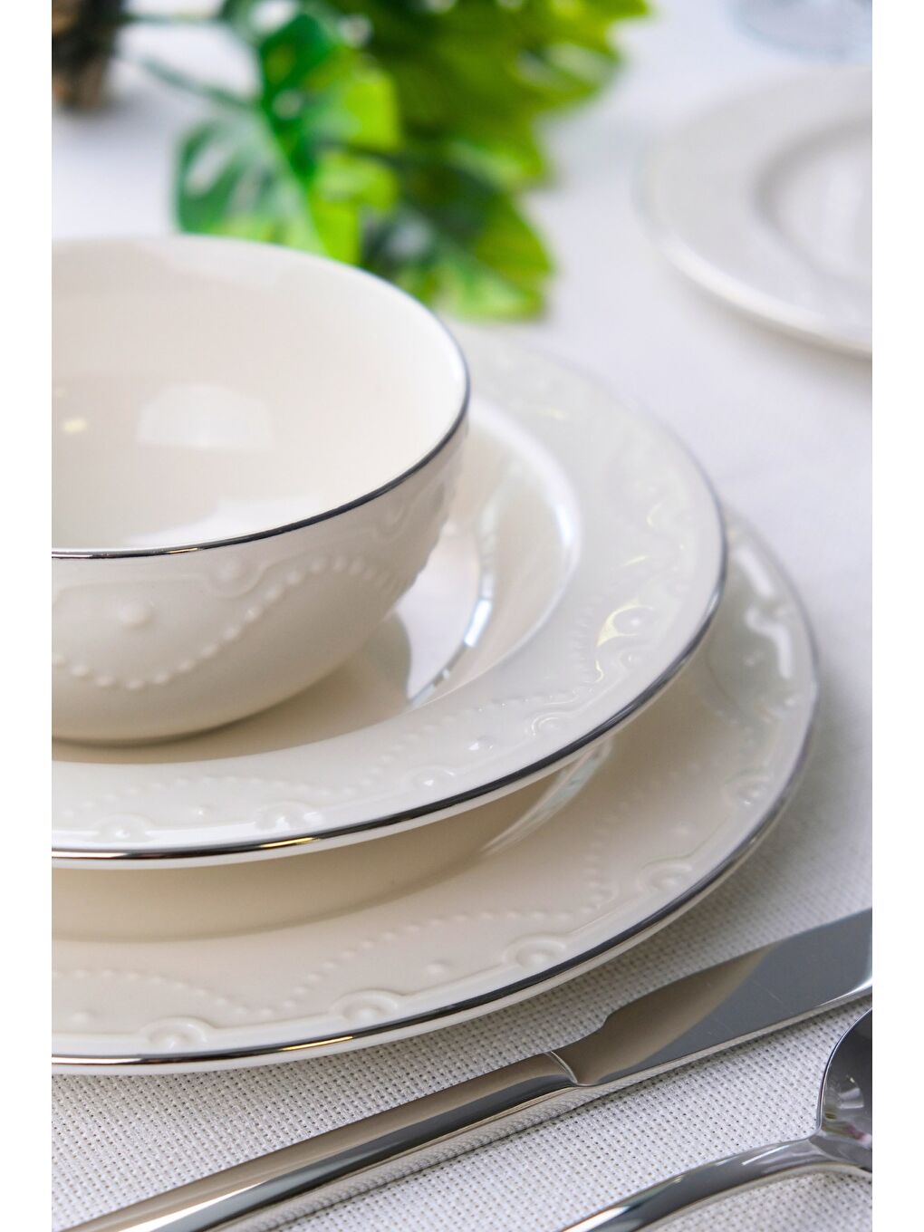 Ekru Zincir Platin Yaldız Yemek Takımı 6 Kişilik 24 Parça ZNC24YKPLT-1