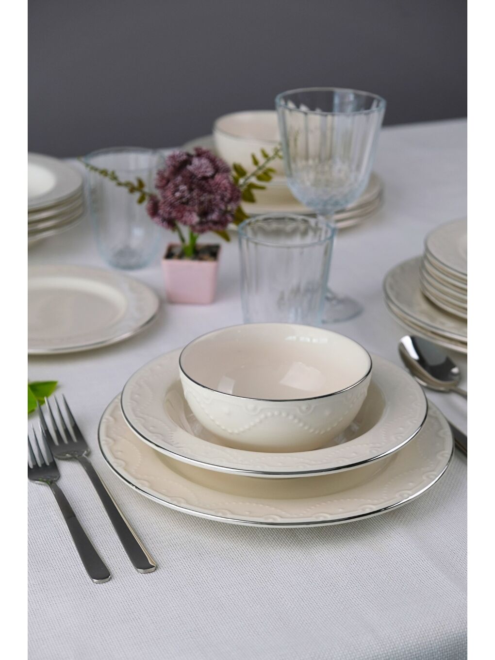 Ekru Zincir Platin Yaldız Yemek Takımı 6 Kişilik 24 Parça ZNC24YKPLT-2