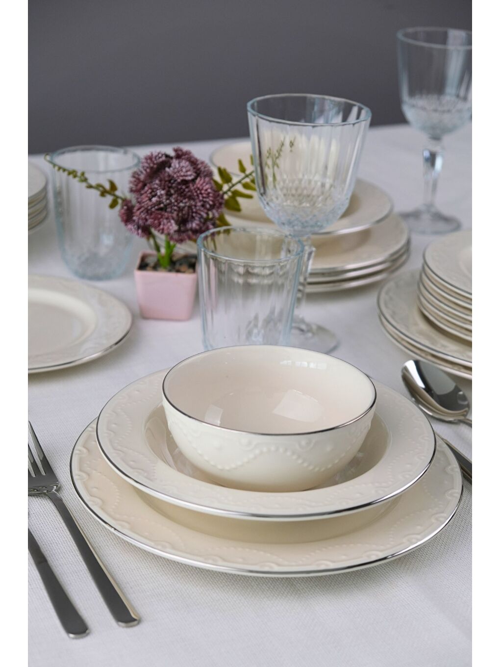 Ekru Zincir Platin Yaldız Yemek Takımı 6 Kişilik 24 Parça ZNC24YKPLT-3
