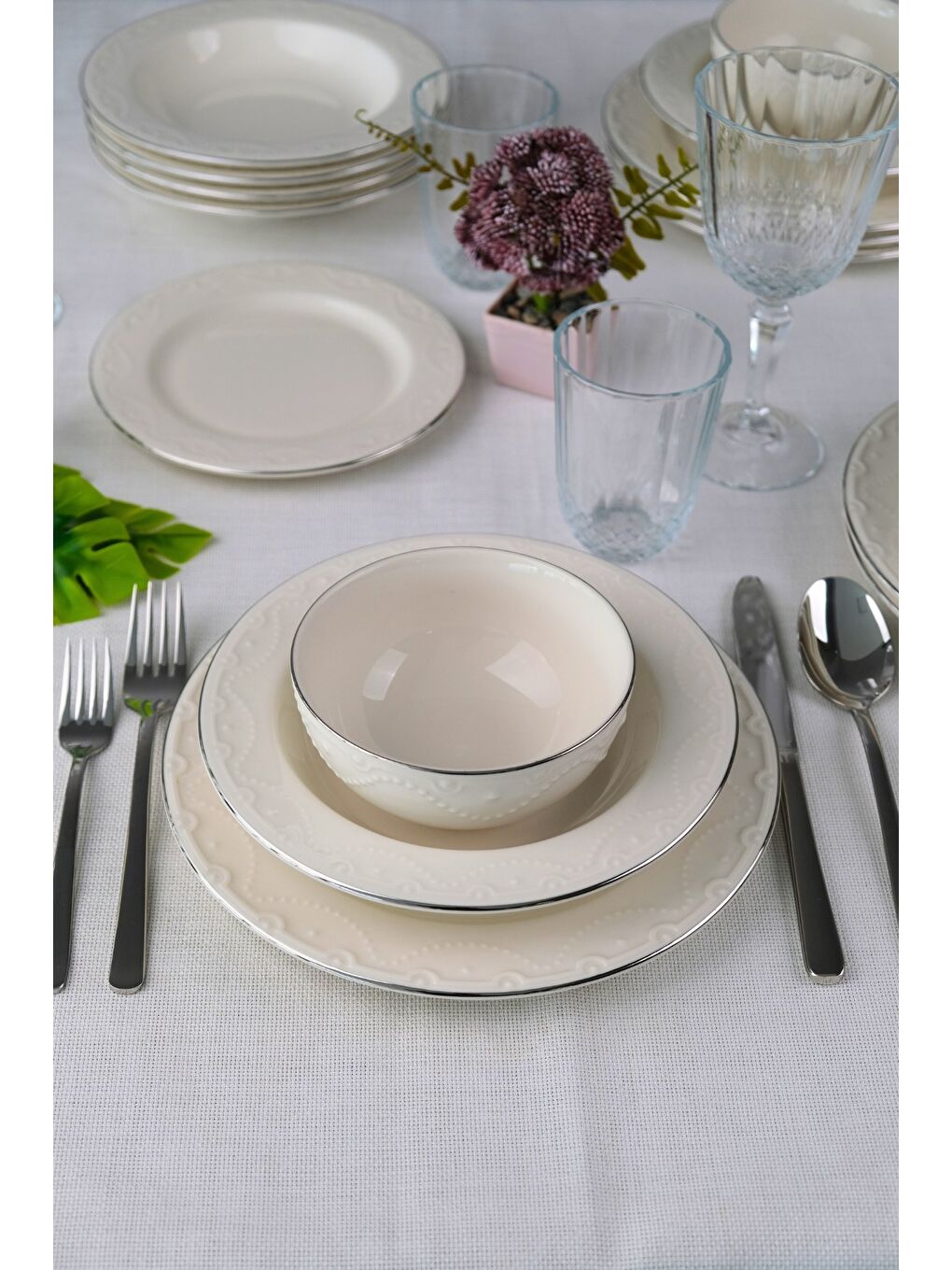 Ekru Zincir Platin Yaldız Yemek Takımı 6 Kişilik 24 Parça ZNC24YKPLT-4