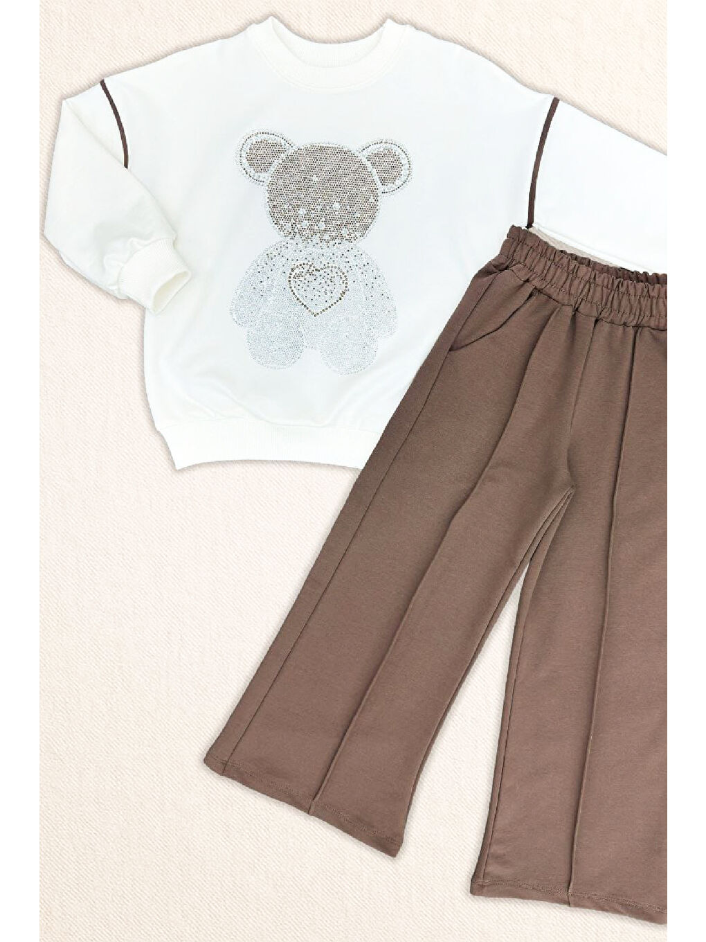 Kahverengi Kız Çocuk Taş İşlemeli Ayıcık ve Kalp Baskılı 2 İplik Alt-Üst Takım 3-12 Yaş 12477-1