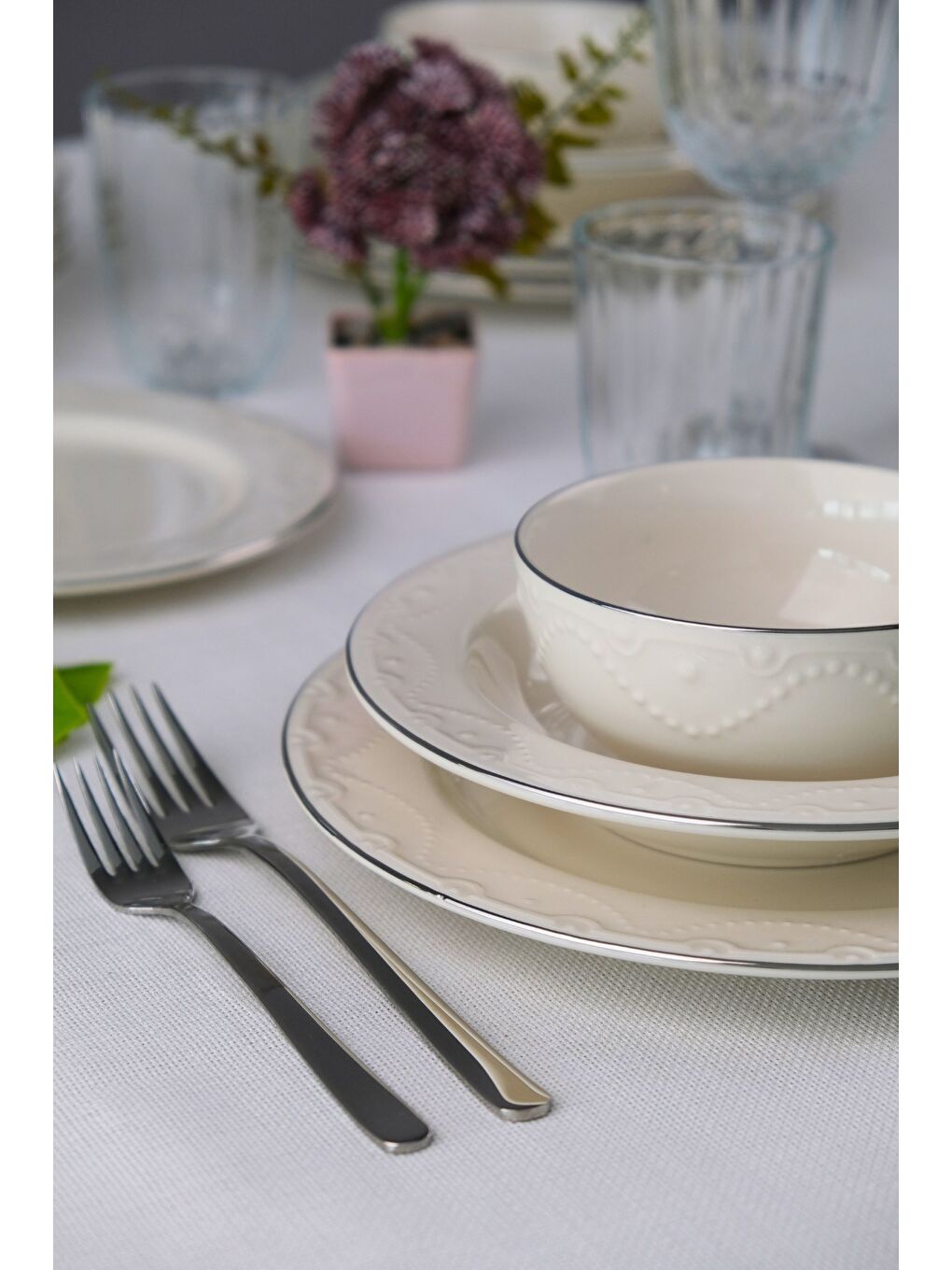 Ekru Zincir Platin Yaldız Yemek Takımı 6 Kişilik 24 Parça ZNC24YKPLT-5