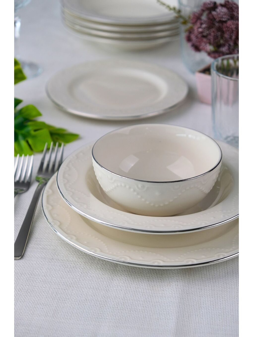 Ekru Zincir Platin Yaldız Yemek Takımı 6 Kişilik 24 Parça ZNC24YKPLT-6