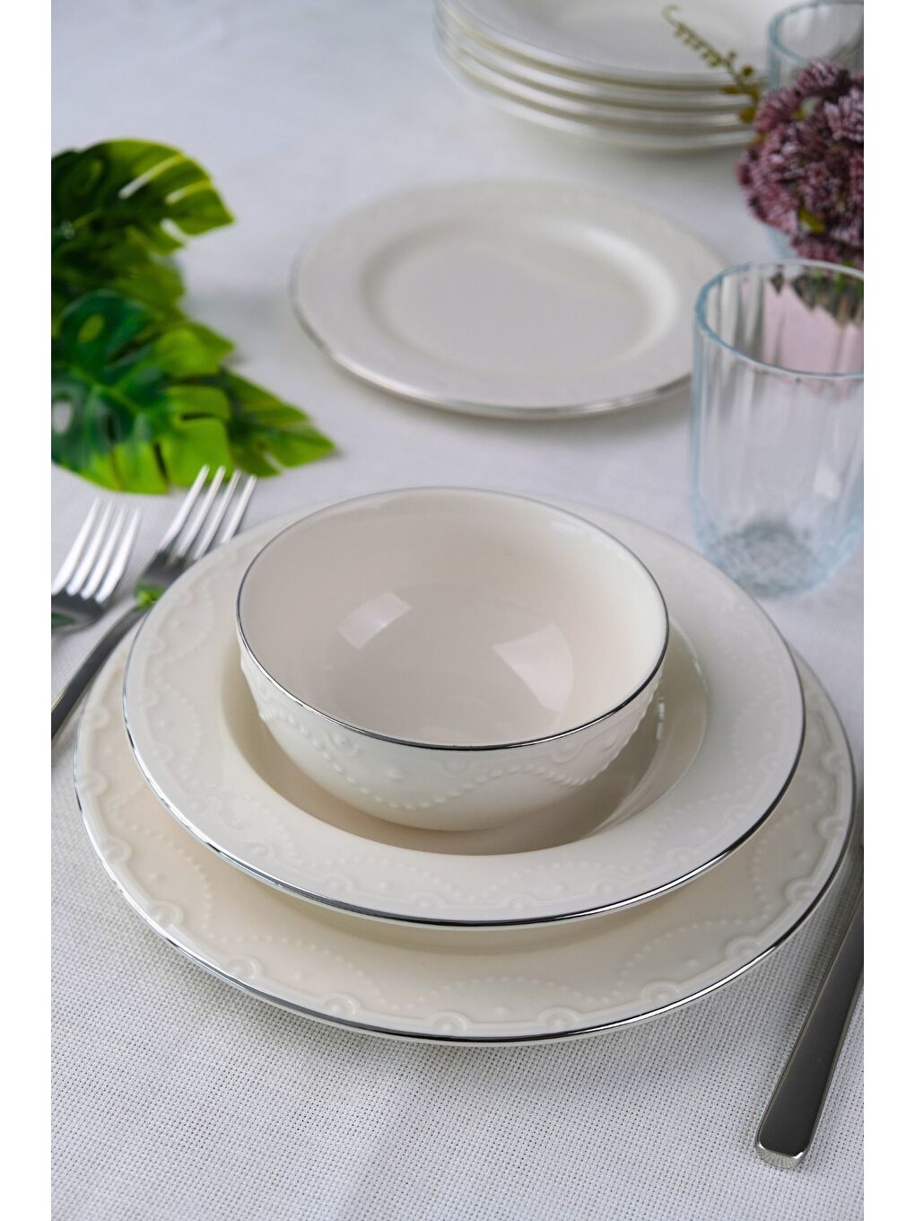Ekru Zincir Platin Yaldız Yemek Takımı 6 Kişilik 24 Parça ZNC24YKPLT-7