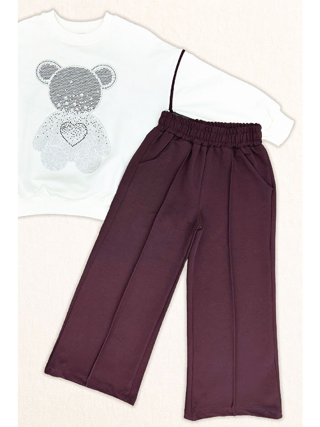 Mürdüm Kız Çocuk Taş İşlemeli Ayıcık ve Kalp Baskılı 2 İplik Alt-Üst Takım 3-12 Yaş 12477-2