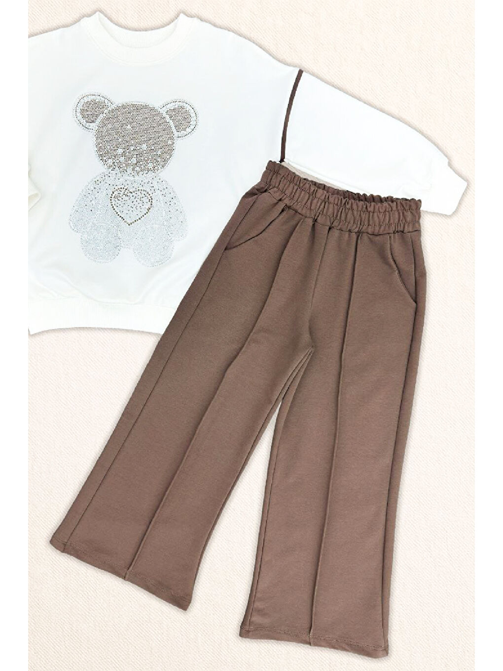 Kahverengi Kız Çocuk Taş İşlemeli Ayıcık ve Kalp Baskılı 2 İplik Alt-Üst Takım 3-12 Yaş 12477-2