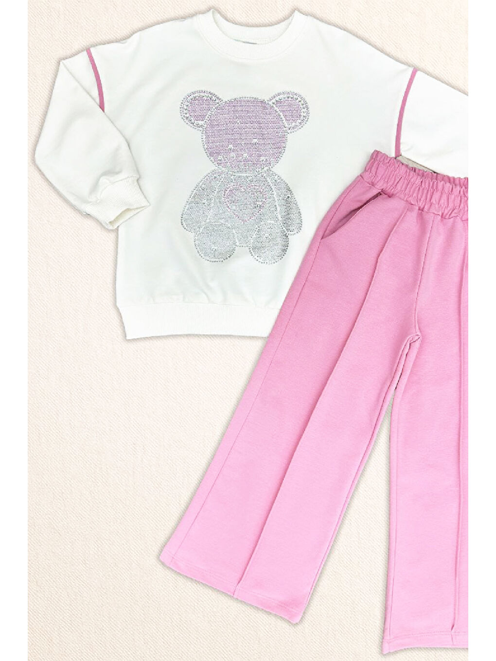 Pembe Kız Çocuk Taş İşlemeli Ayıcık ve Kalp Baskılı 2 İplik Alt-Üst Takım 3-12 Yaş 12477-1