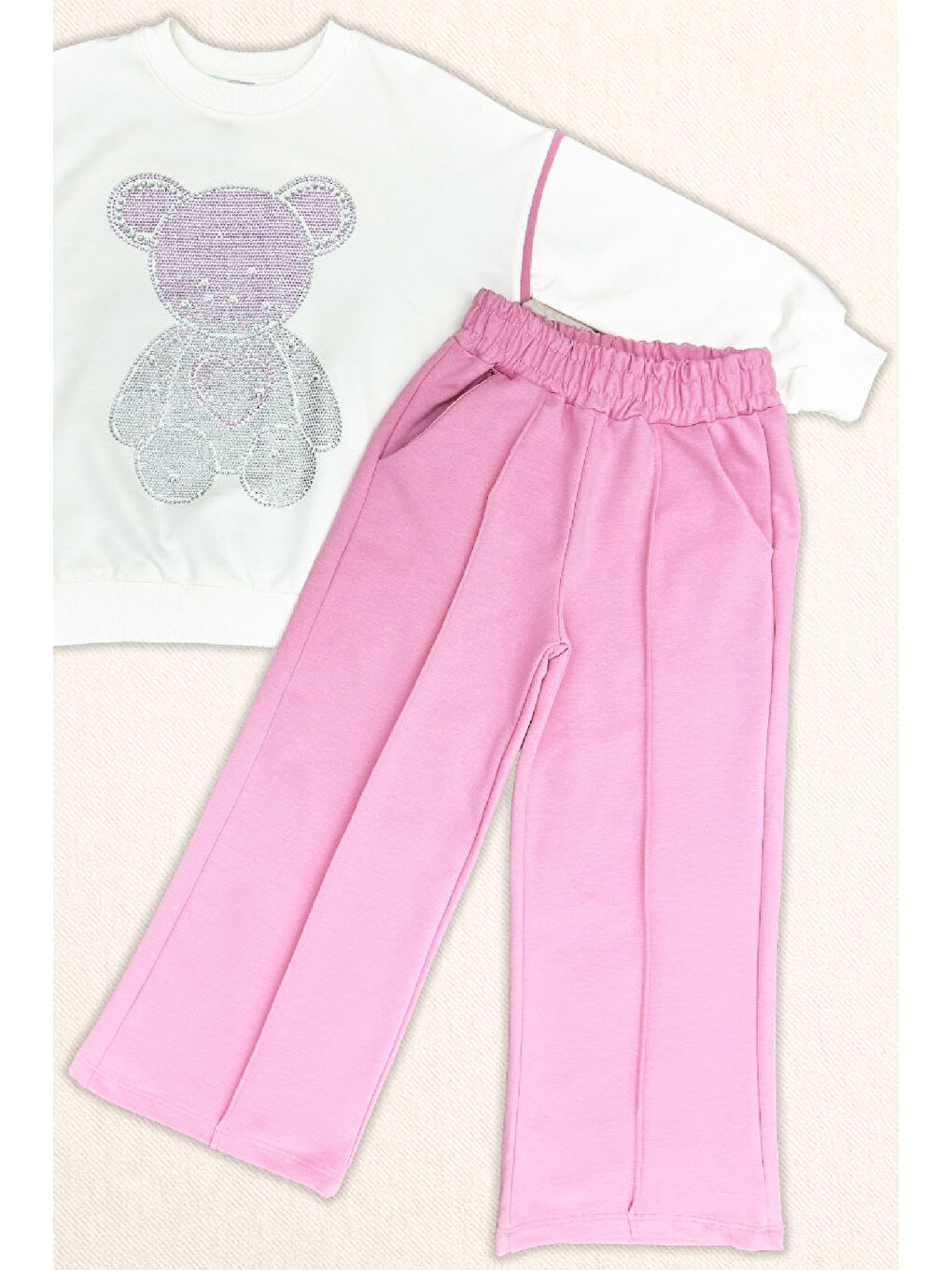 Pembe Kız Çocuk Taş İşlemeli Ayıcık ve Kalp Baskılı 2 İplik Alt-Üst Takım 3-12 Yaş 12477-2