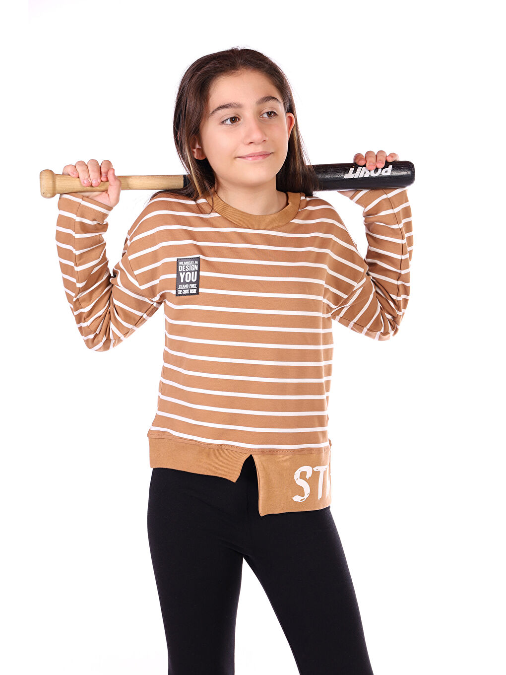 Kahverengi Kız Çocuk Çizgili Striped Baskılı Sweatshirt