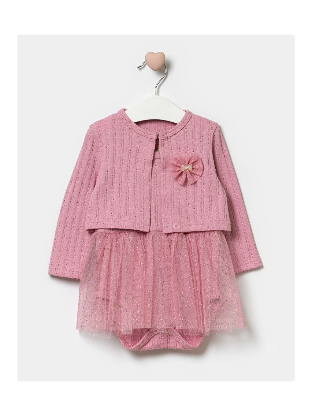 Kız Çocuk Pembe Kurdela Desenli Pamuklu Çıtçıtlı Ceketli Elbise