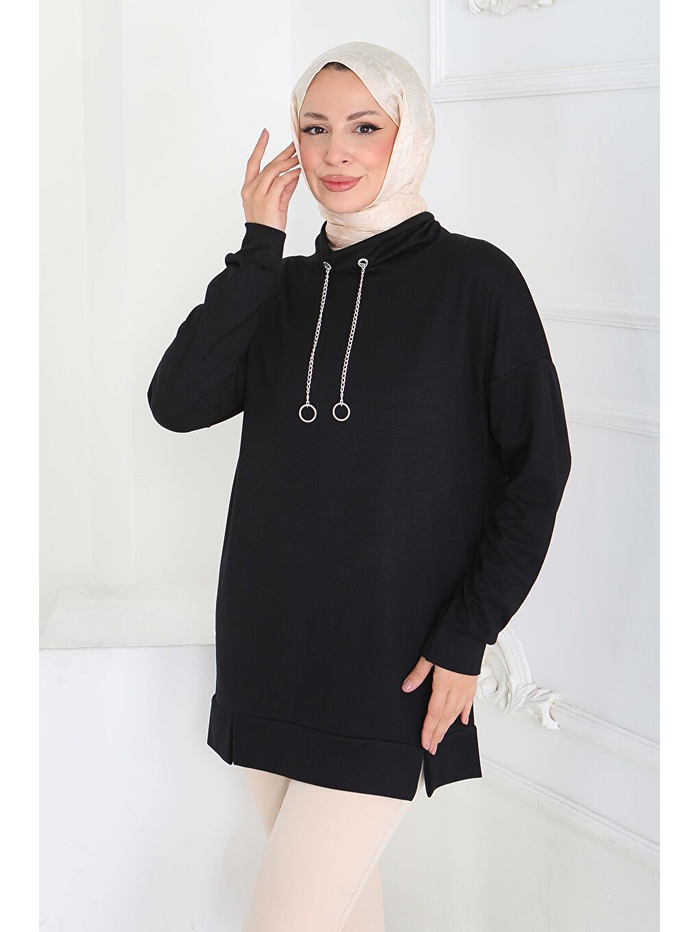 Zincir Detaylı Modal Tunik Siyah - 27916-SIYAH-3