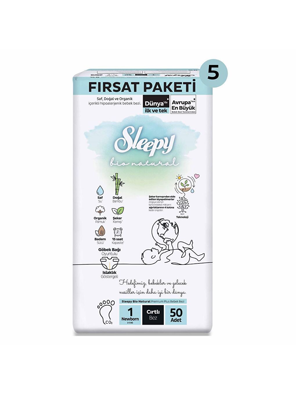 Sleepy Beyaz Bio Natural Ultra Fırsat Paketi Bebek Bezi 1 Numara Newborn 250 Adet - 1