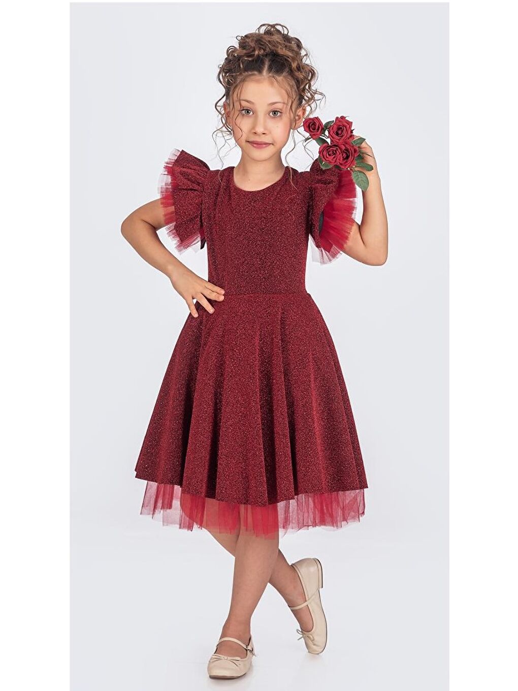 Bordo Simli Şanzelize Kız Çocuk Abiye Elbise M00669-4