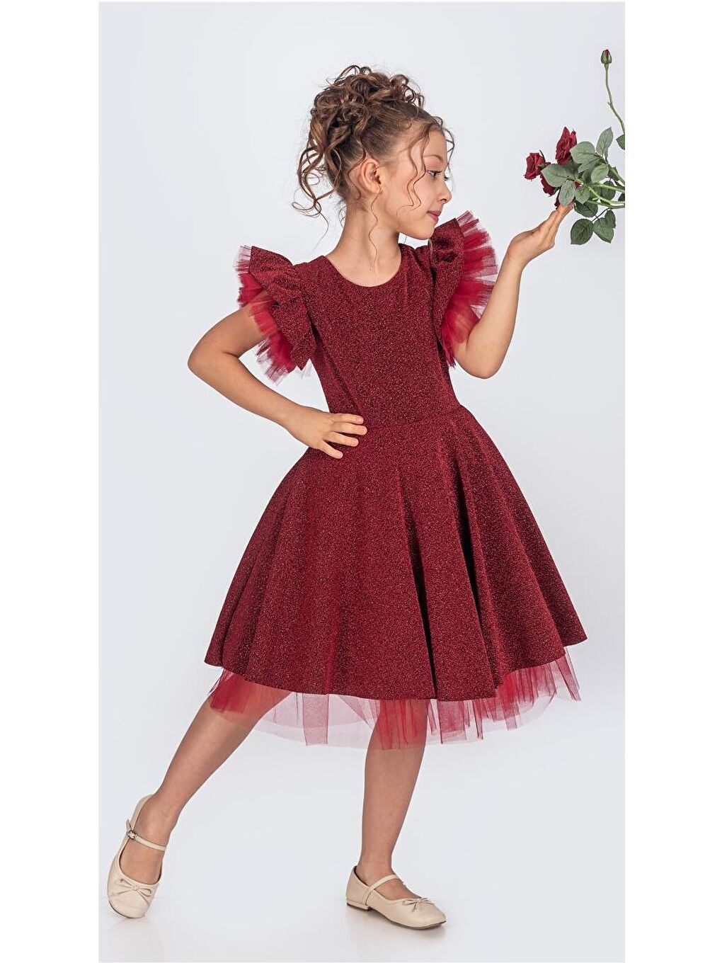 Bordo Simli Şanzelize Kız Çocuk Abiye Elbise M00669-8
