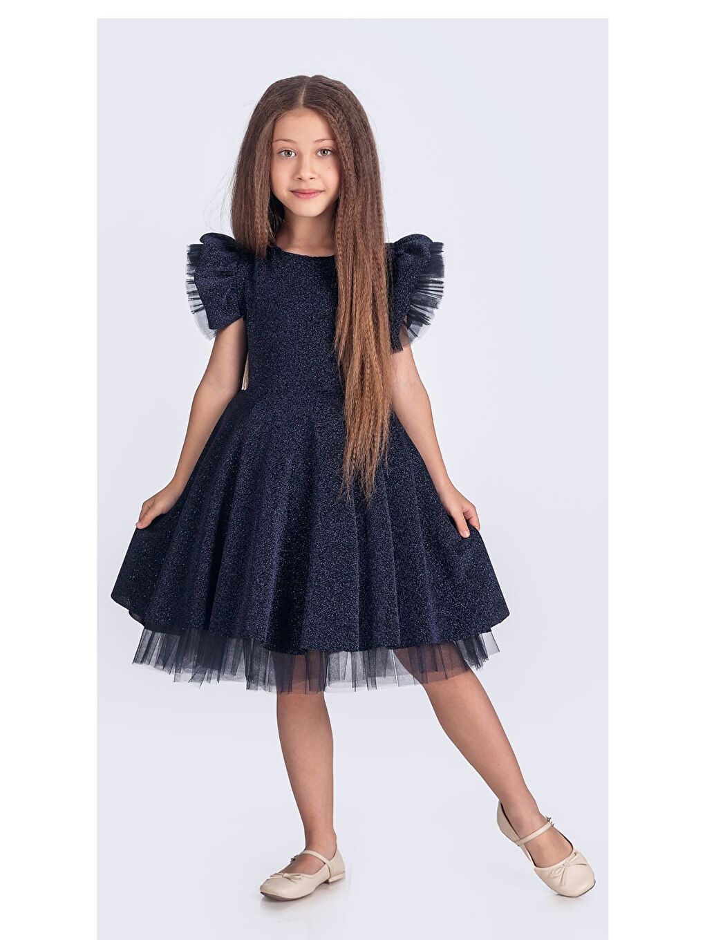Lacivert Simli Şanzelize Kız Çocuk Abiye Elbise M00669-8