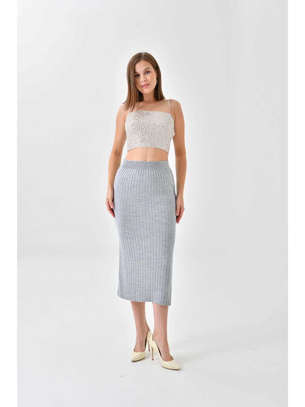 Uzun Yırtmaçlı Kalem Gri Etek-2