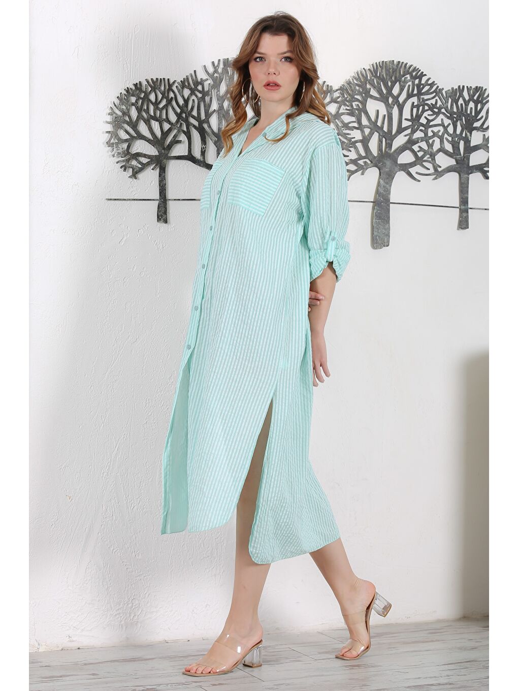 Turkuaz İtalyan Mint Kapüşonlu Düğmeli Uzun Kollu Çizgili Çift Cepli Yırtmaçlı Dokuma Elbise 130 65-5