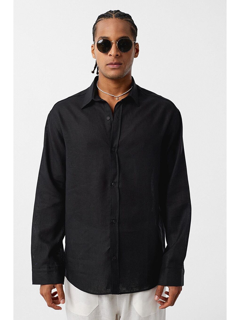 Basic Oversize Uzun Kollu Keten Gömlek Siyah