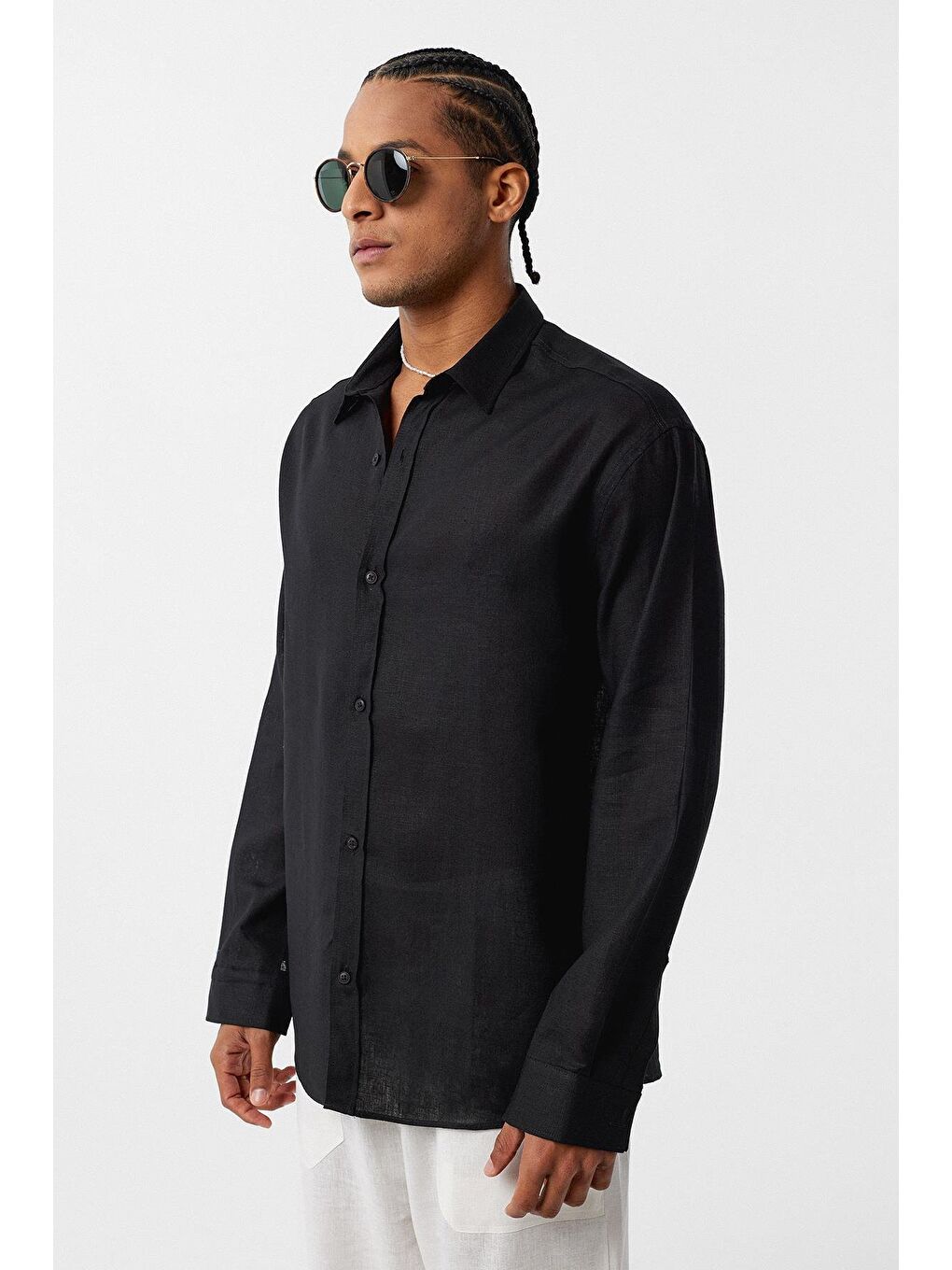 Basic Oversize Uzun Kollu Keten Gömlek Siyah-2