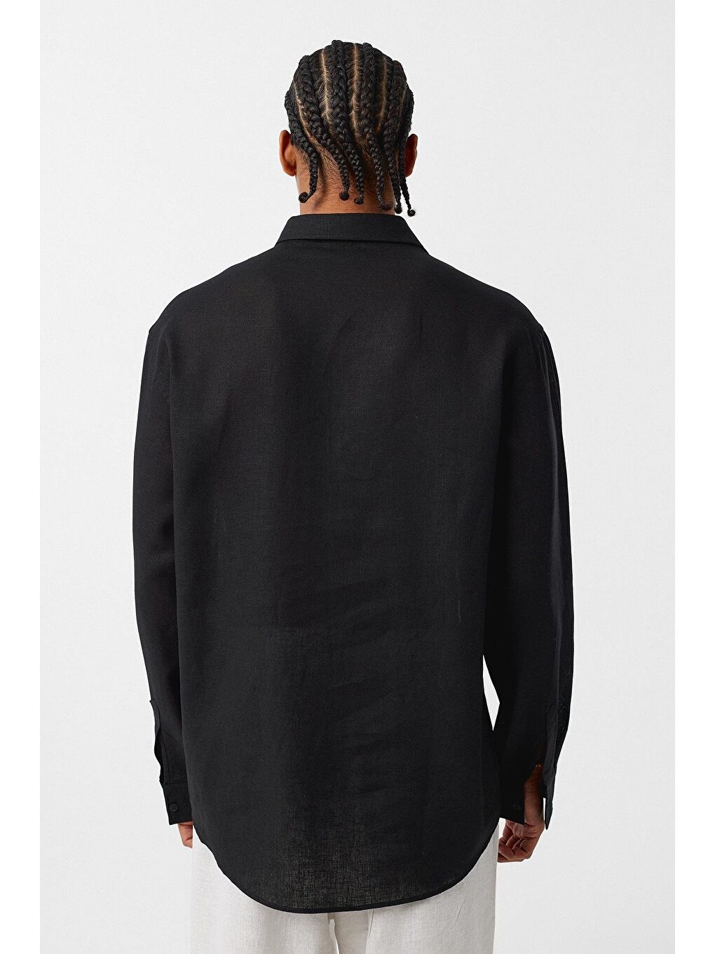 Basic Oversize Uzun Kollu Keten Gömlek Siyah-3