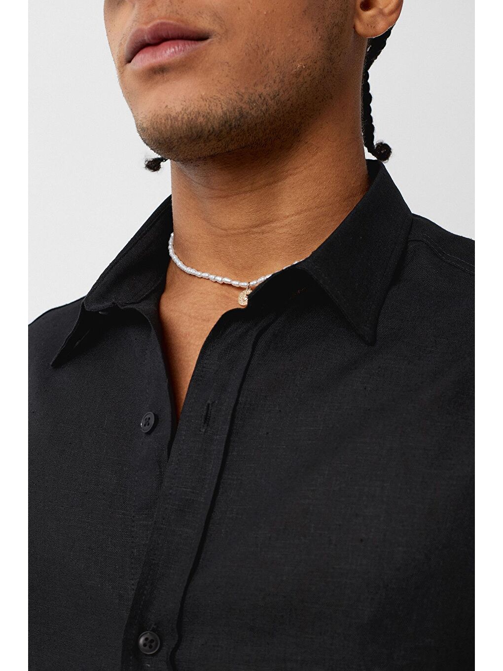 Basic Oversize Uzun Kollu Keten Gömlek Siyah-4