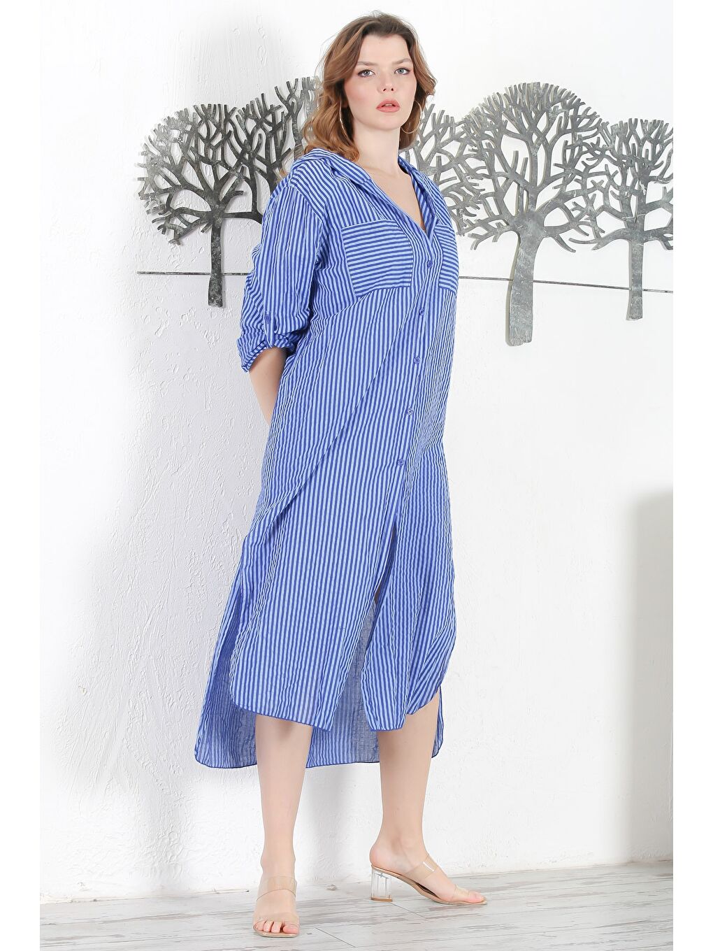 İtalyan Deniz Mavisi Kapüşonlu Düğmeli Uzun Kollu Çizgili Çift Cepli Yırtmaçlı Dokuma Elbise 130 65-5