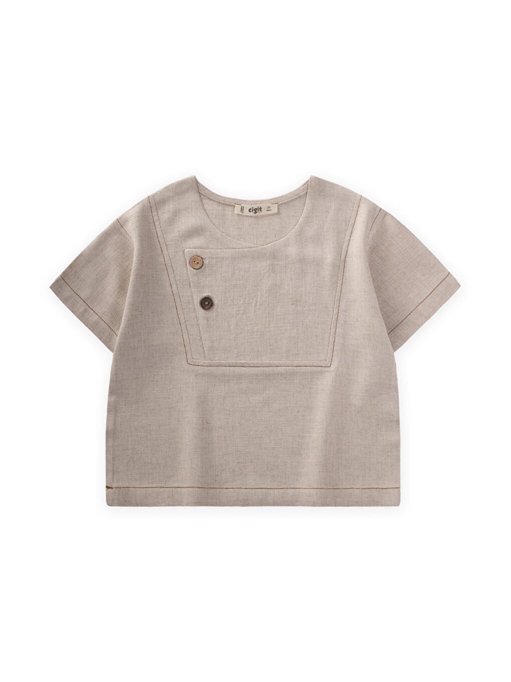 Ekru Kız Çocuk Keten Tişört-3