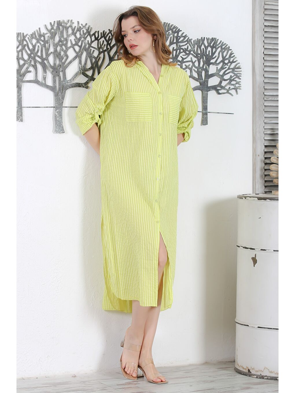 Sarı İtalyan Limon Küfü Rengi Kapüşonlu Düğmeli Uzun Kollu Çizgili Çift Cepli Dokuma Elbise 130 65-4