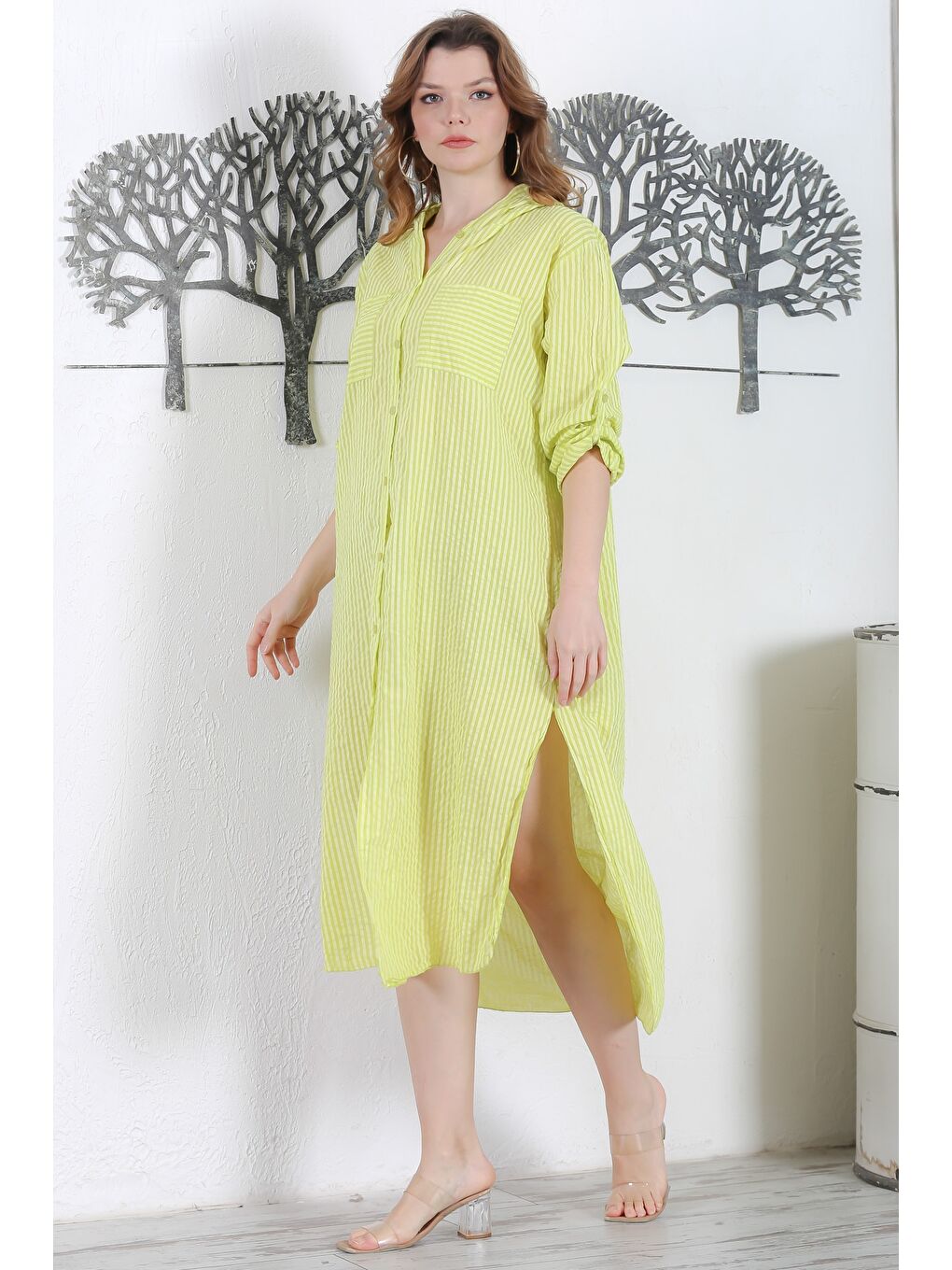 Sarı İtalyan Limon Küfü Rengi Kapüşonlu Düğmeli Uzun Kollu Çizgili Çift Cepli Dokuma Elbise 130 65-5