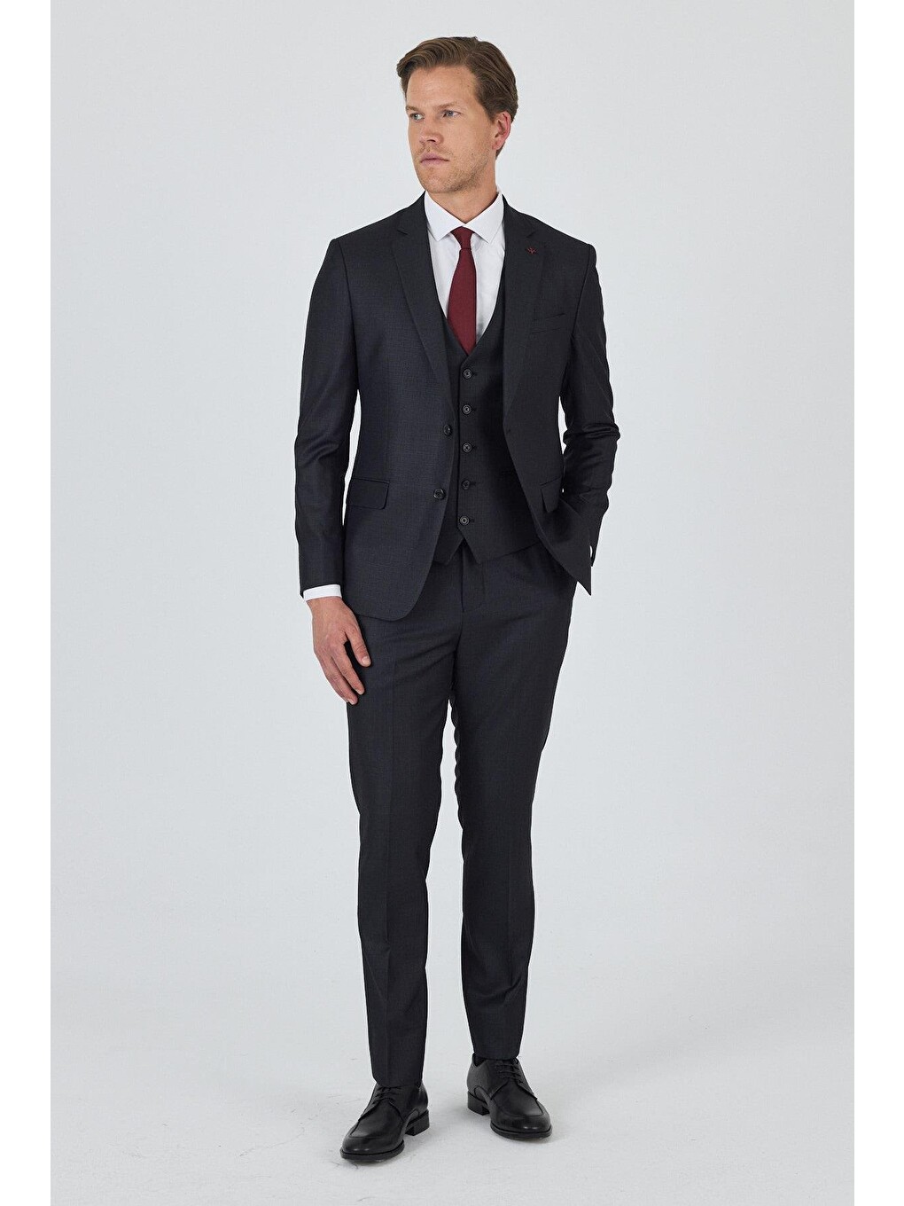 Antrasit Düz Filafil Mono Yaka Tam Astar Yelekli 6 Drop Slim Fit Takım Elbise 1001250171-1
