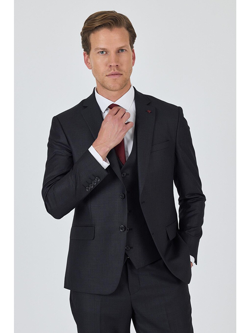 Antrasit Düz Filafil Mono Yaka Tam Astar Yelekli 6 Drop Slim Fit Takım Elbise 1001250171-2