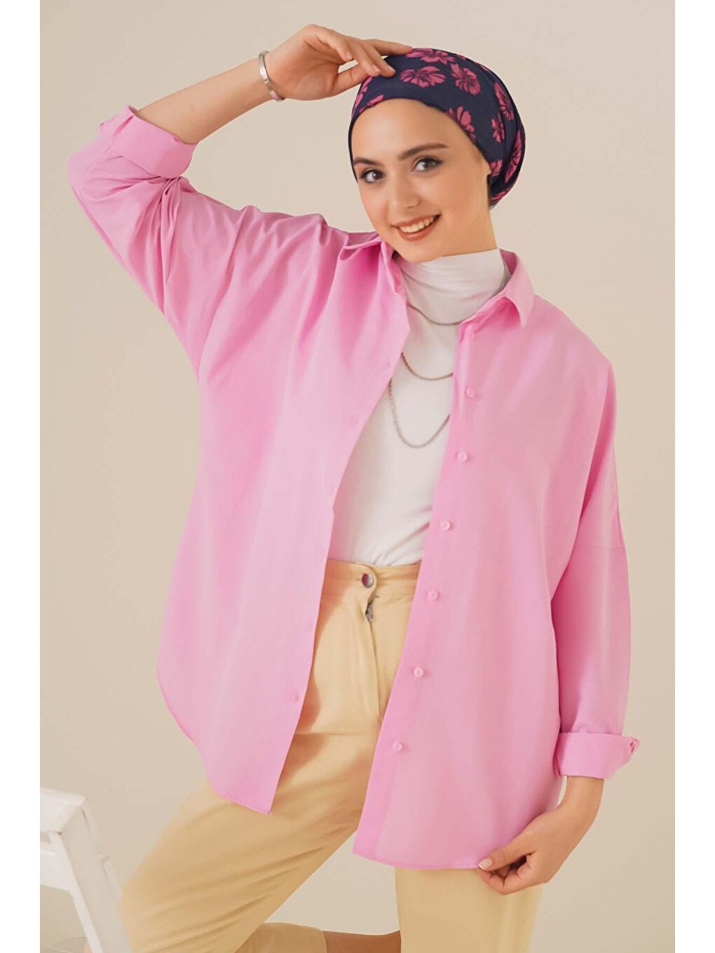 Bigdart Pembe 103901 Oversize Basic Tesettür Gömlek - Pembe