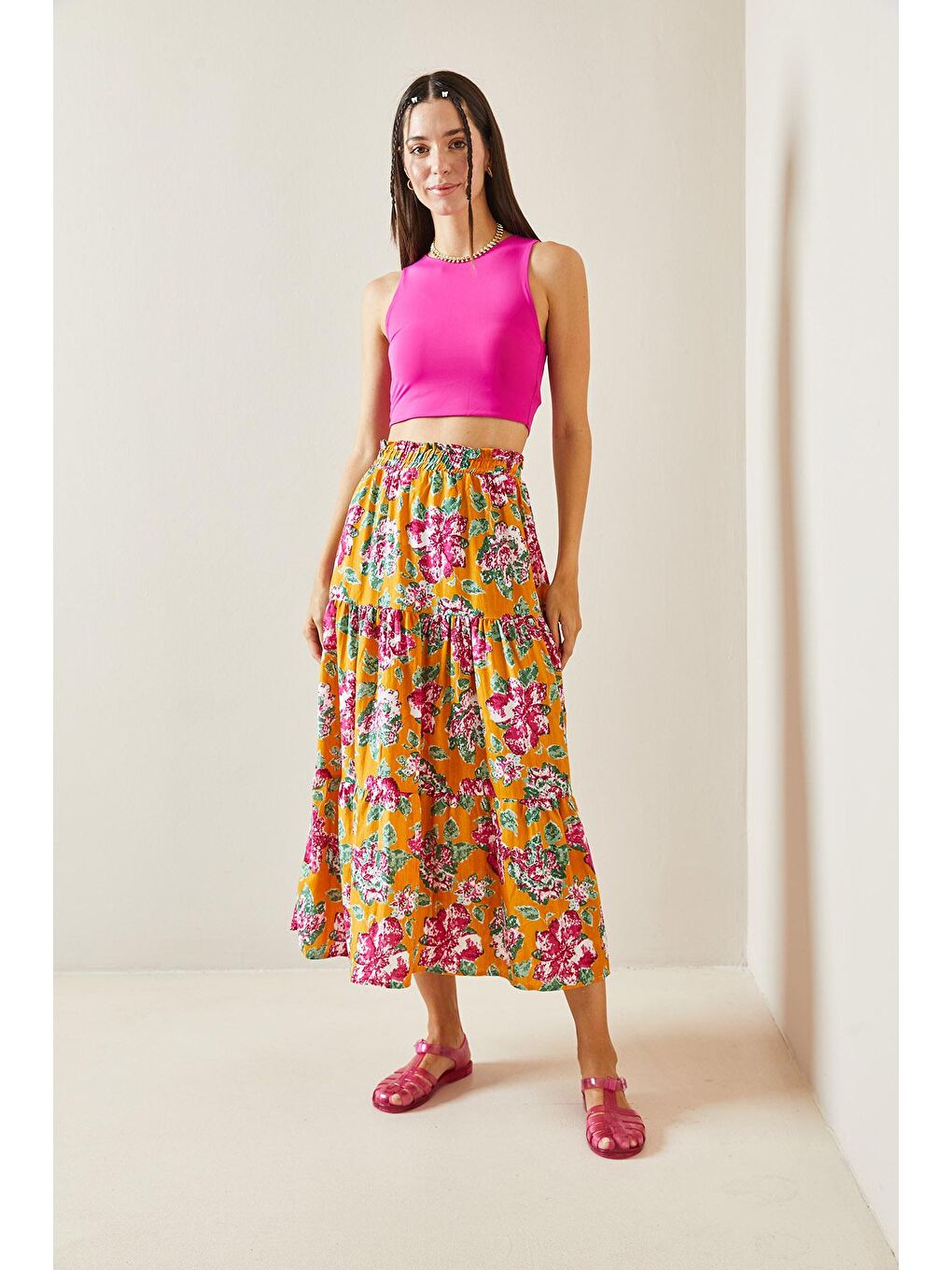 Kahverengi Hardal Çiçek Desenli Volanlı Midi Etek 5YXK7-48827-37-1