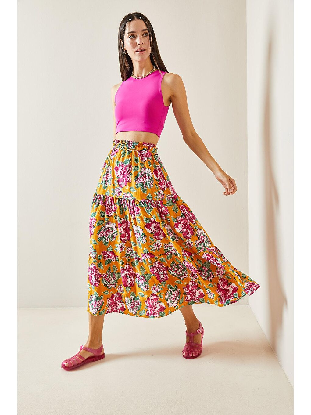 Kahverengi Hardal Çiçek Desenli Volanlı Midi Etek 5YXK7-48827-37-2