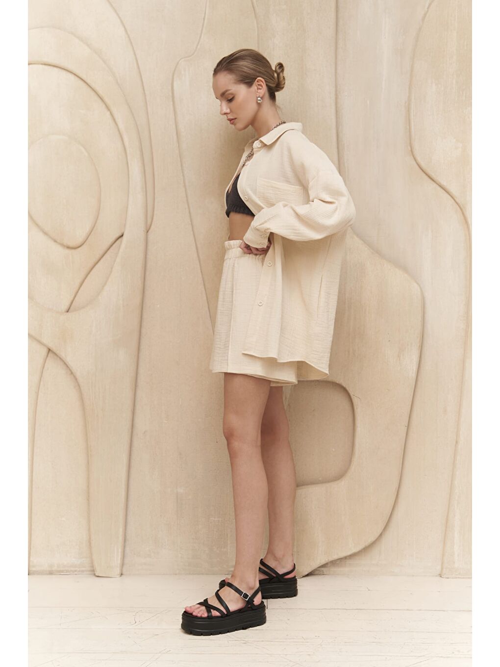 Cosmos Bej Müslin Şort Takım