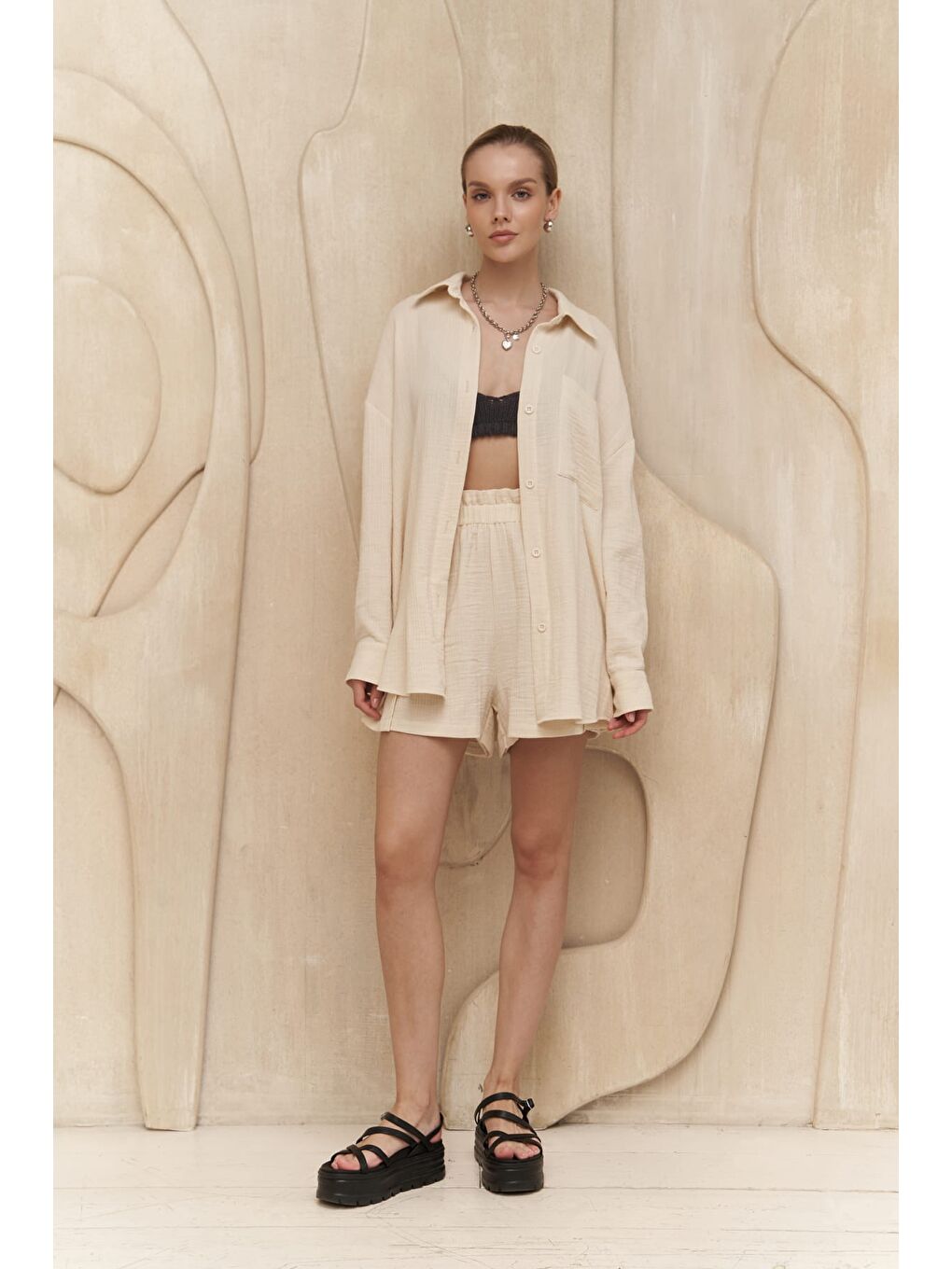 Cosmos Bej Müslin Şort Takım-1