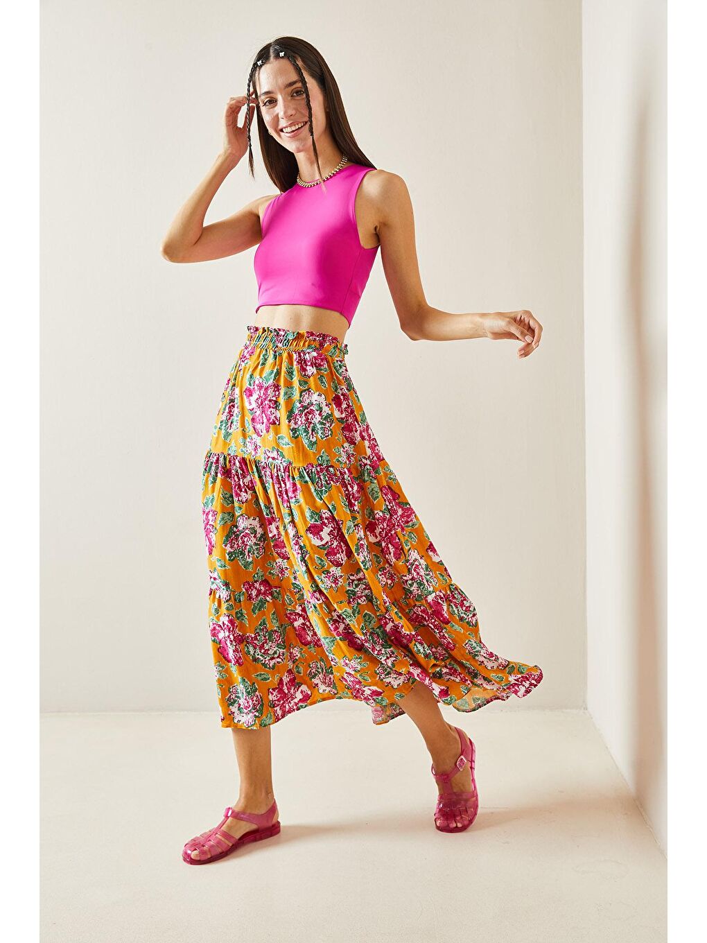 Kahverengi Hardal Çiçek Desenli Volanlı Midi Etek 5YXK7-48827-37-3