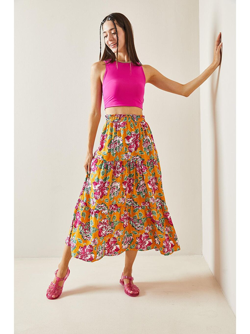 Kahverengi Hardal Çiçek Desenli Volanlı Midi Etek 5YXK7-48827-37-4