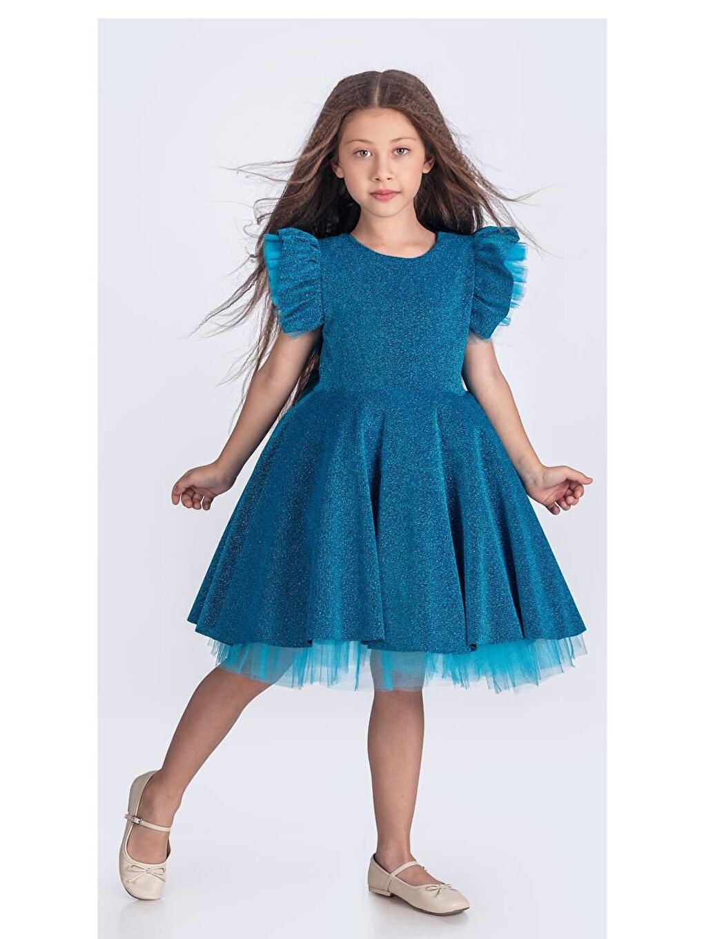 Turkuaz Simli Şanzelize Kız Çocuk Abiye Elbise M00669-6